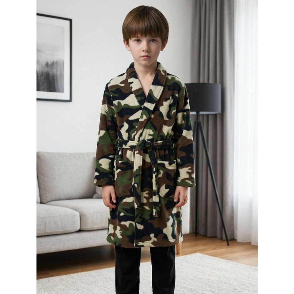 Kids Robe Camoflauge Fleece Belted Bathrobe Sleepwear Boys Size 8-10 w/ Pockets